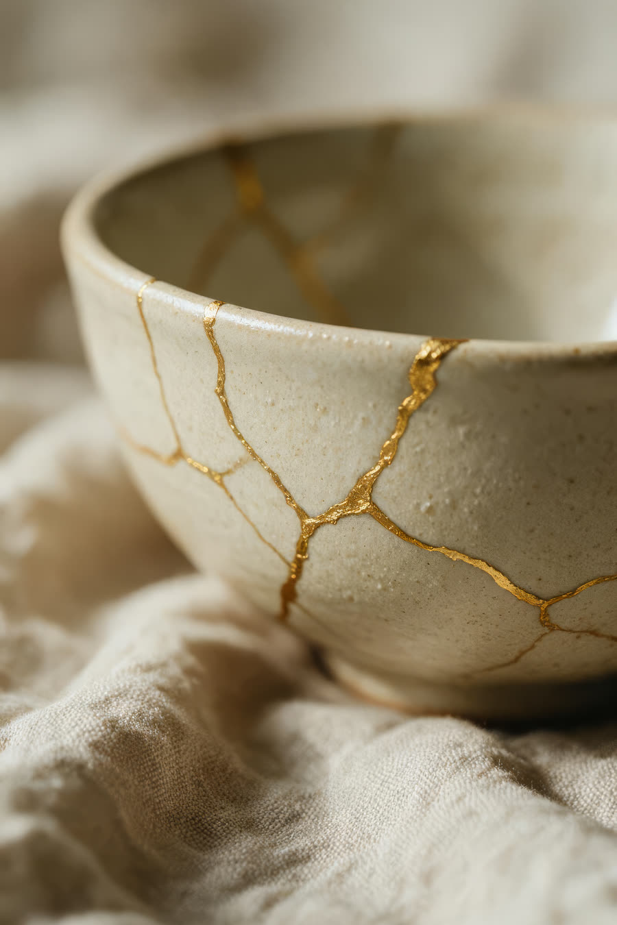 A repaired Japanese ceramic bowl with veins of gold tracing the fractures — the art of Kintsugi